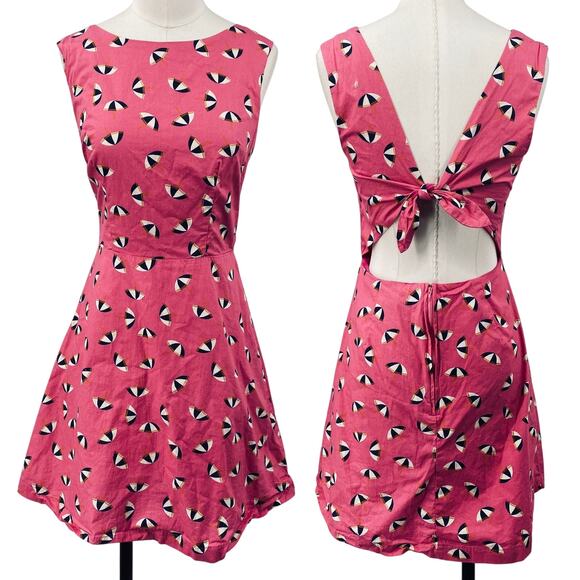 Modcloth Umbrella Print Mini Dress Fit & Flare Shift Open CutOut Tie Back Pink 4 - Picture 1 of 9
